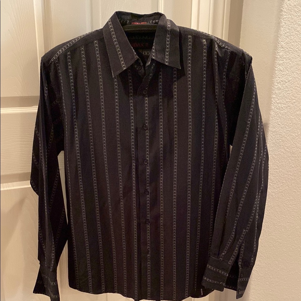 7 Diamonds Black Casual Button Down Shirt with Classic Pinstripes
